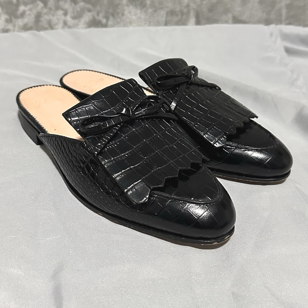 JCrew Leather Mules Embossed Women 5.5 Black Old Money Office Siren Chic Career